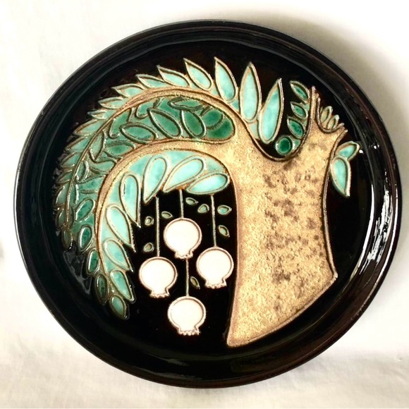 Vintage Pottery Enamel Dish Spanish Ceramic Azaila Spain Bowl Pomegranate Tree - Picture 2 of 5